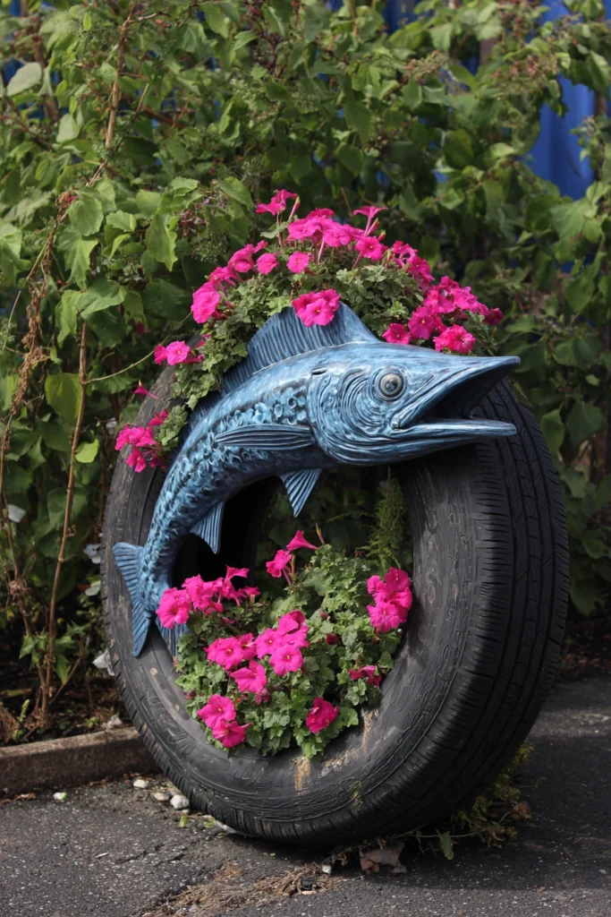 Artistic Floral Tire Planter Design