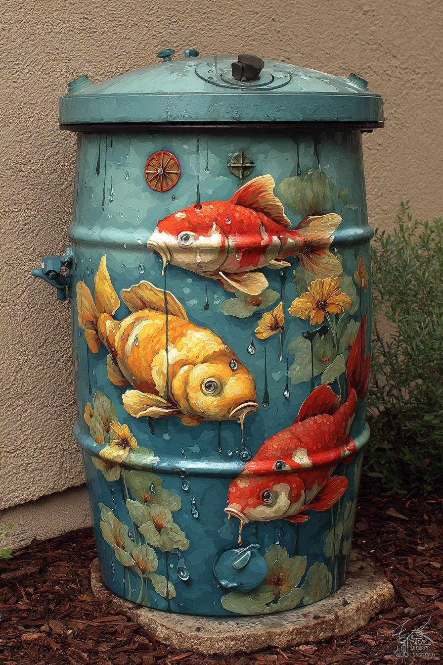 Artistic Koi Rain Barrel Design