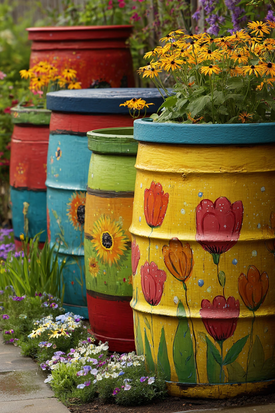 Cheerful Painted Rain Barrel Planters