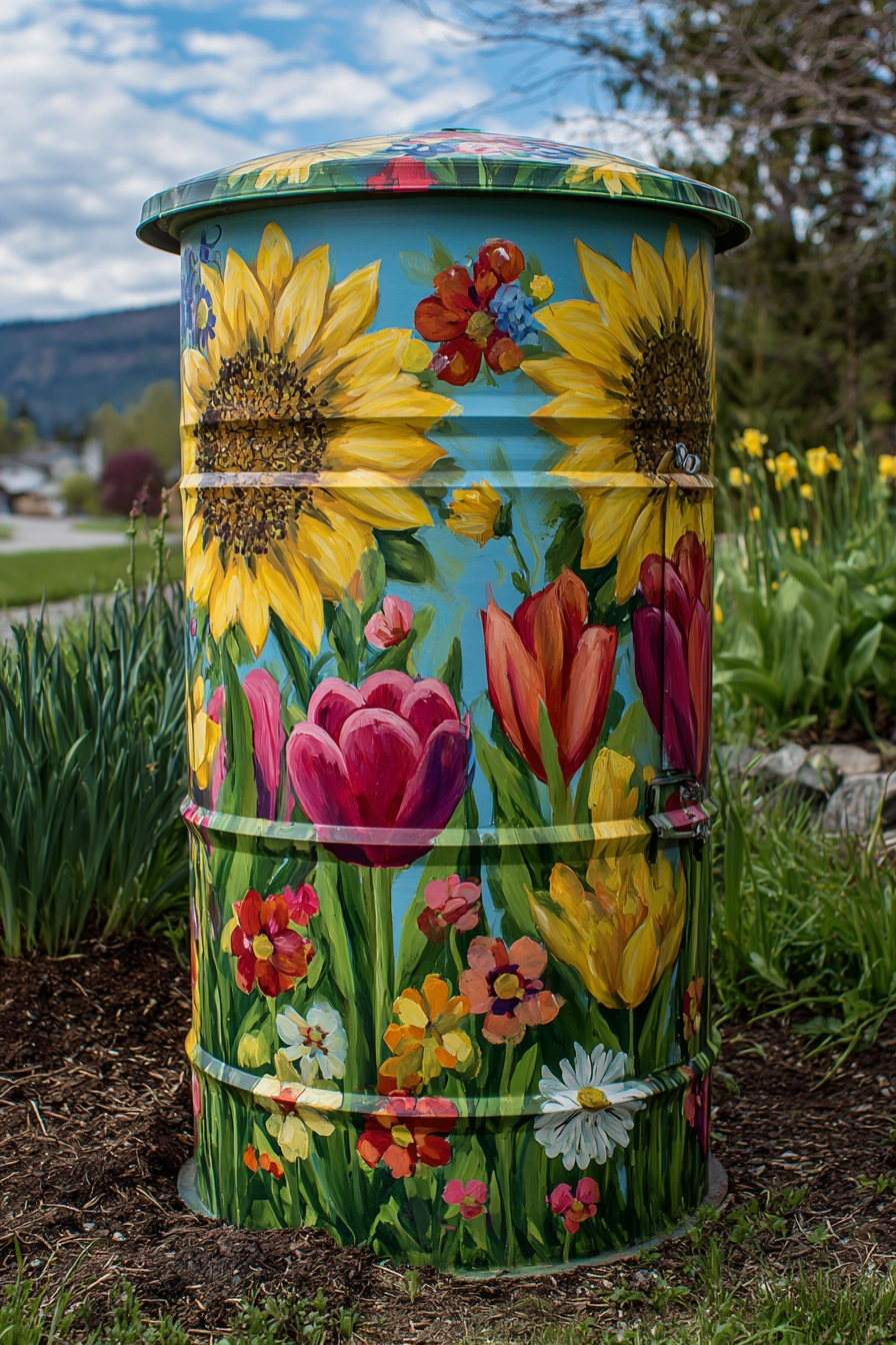 Vibrant Floral Rain Barrel Art