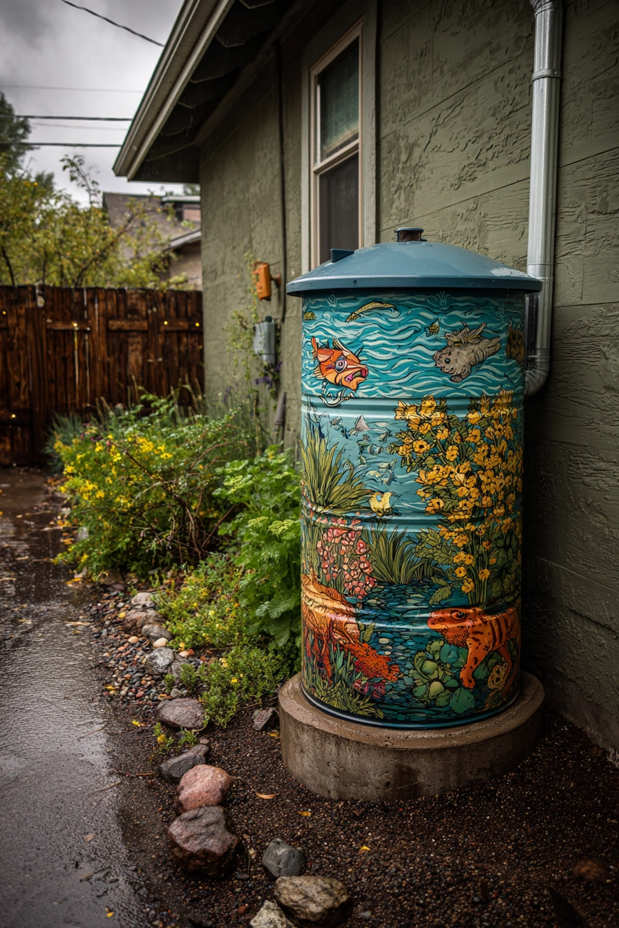 Whimsical Nature-Themed Rain Barrel