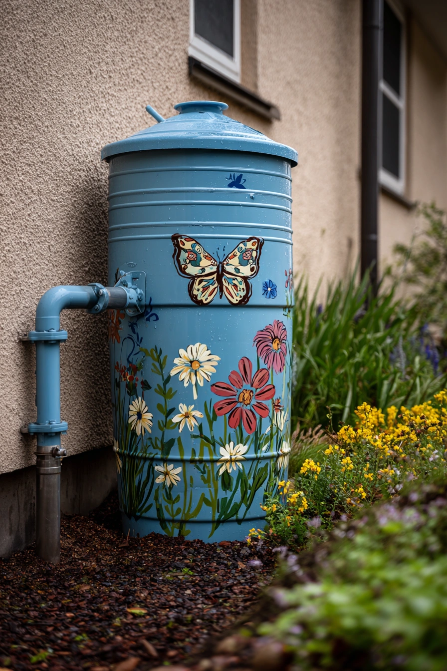 Floral Rain Barrel Garden Accent