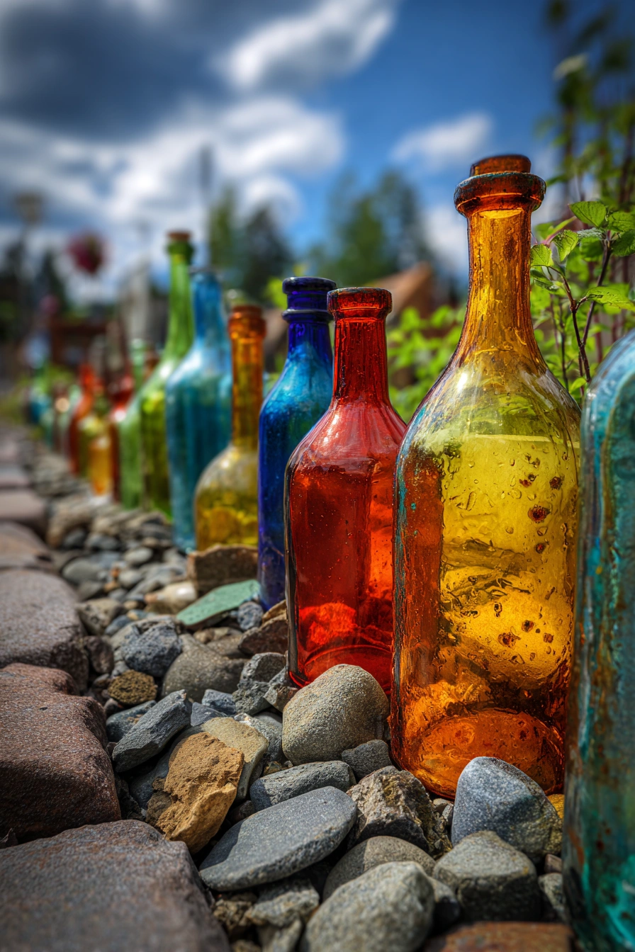 Rainbow Glass Bottle Garden Border