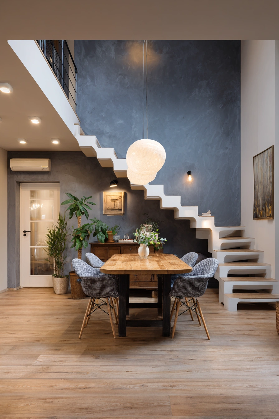 Modern Dining Space with Sculptural Stairs