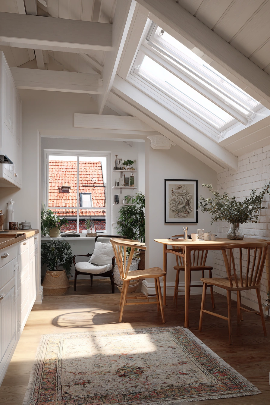 Sunlit Cozy Attic Kitchen Living